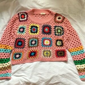 Debut: Pink Granny Square Knit Sweater- S